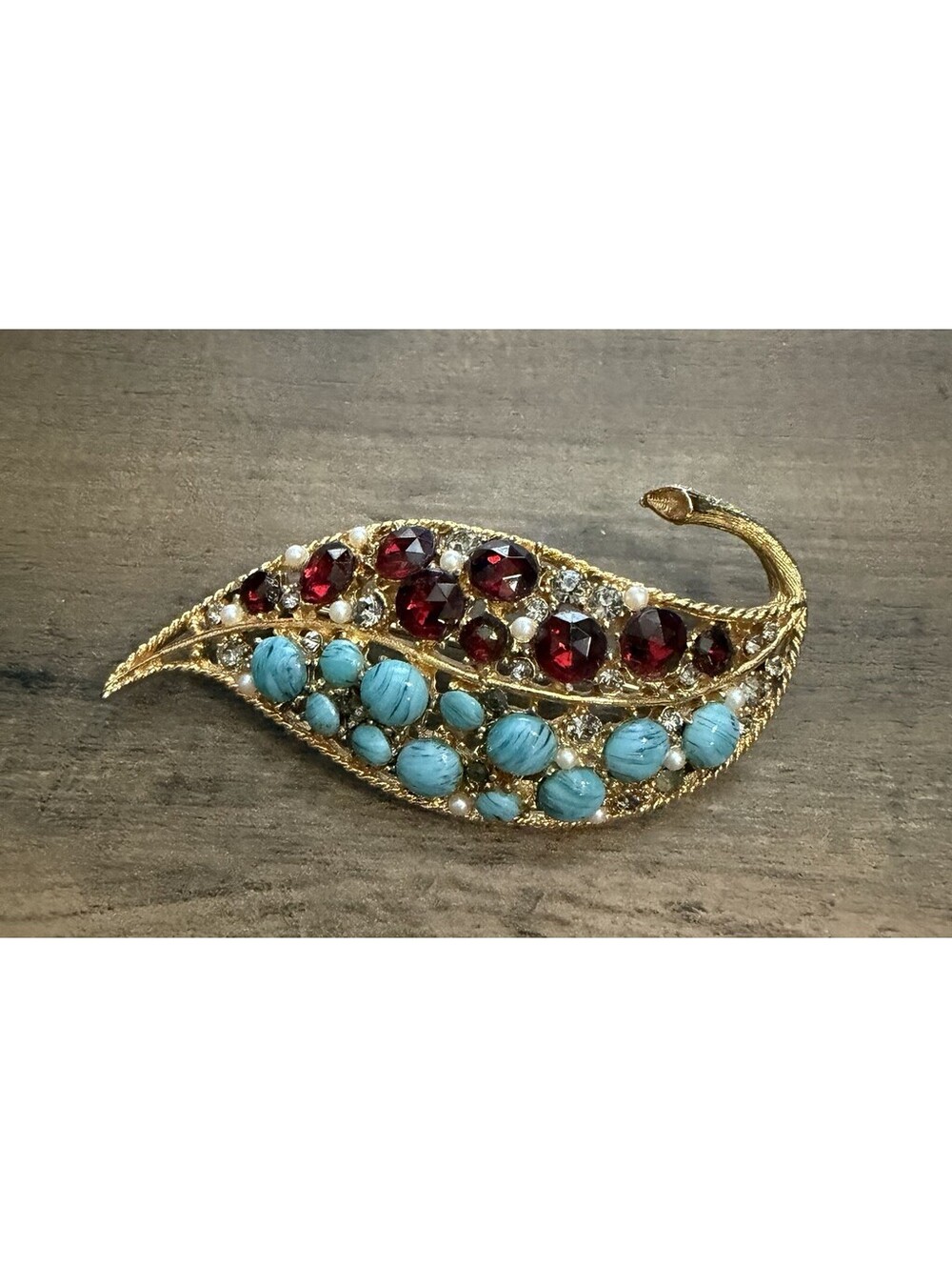 Vintage Coro Leaf  Blue Red Glass Rhinestone Brooch Pin Gold Tone